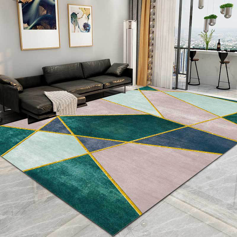 Avtoit | Pink and Green Contemporary Carpet Polyester Color Block Carpet Washable Non-Slip Backing Rug for Living Room