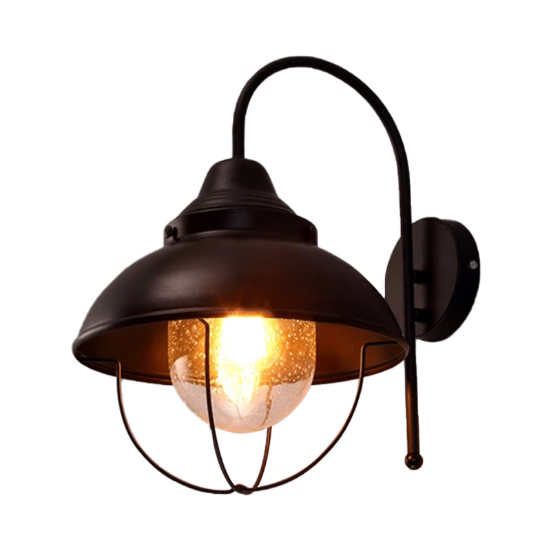 Avtoit | Farmhouse Dome Wall Lamp 1 Light Metal Wall Lighting with Cage and Sawed Glass Shade in Black