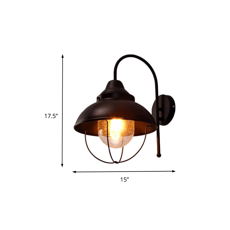 Avtoit | Farmhouse Dome Wall Lamp 1 Light Metal Wall Lighting with Cage and Sawed Glass Shade in Black