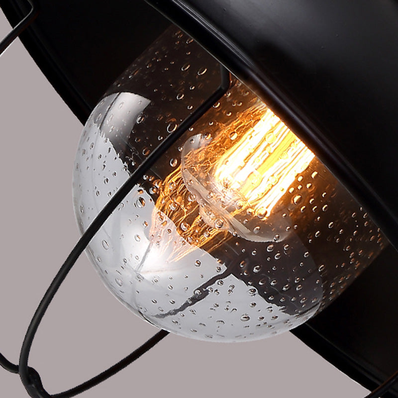 Avtoit | Farmhouse Dome Wall Lamp 1 Light Metal Wall Lighting with Cage and Sawed Glass Shade in Black