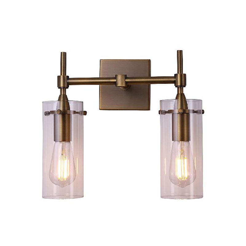 Avtoit | Clear Glass Cylinder Wall Lantern Modern 2 Lights Dining Room Lighting Fixture in Patina Brass