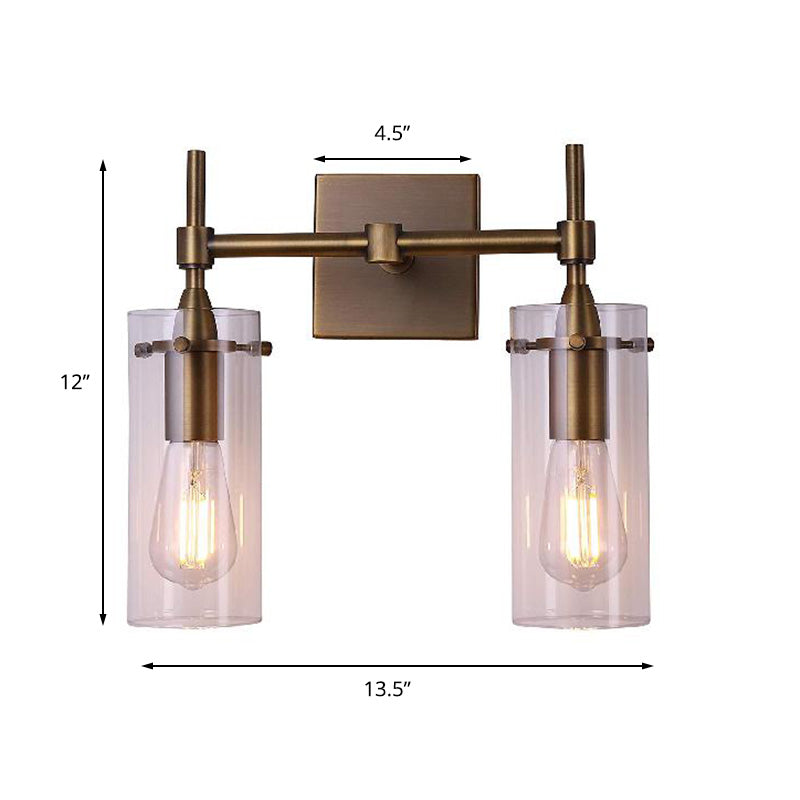 Avtoit | Clear Glass Cylinder Wall Lantern Modern 2 Lights Dining Room Lighting Fixture in Patina Brass