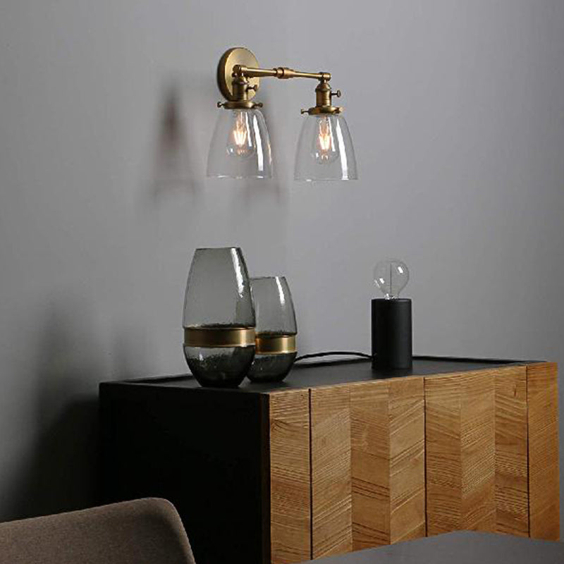 Avtoit | Clear Glass Brass Wall Light Conical 2-Light Industrial Wall Lamp Light for Foyer