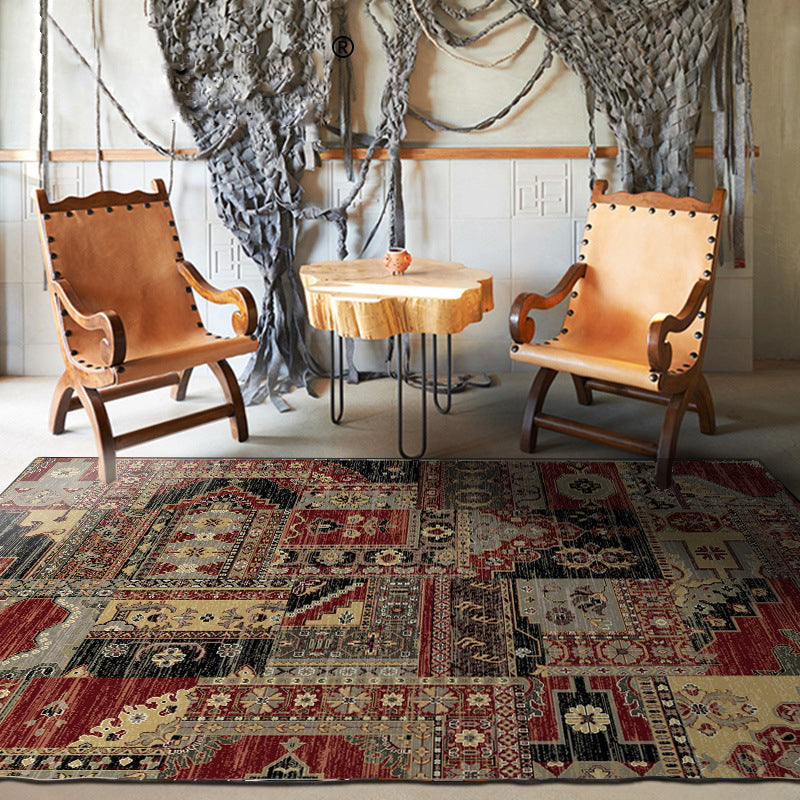 Avtoit | Red and brown bedroom carpet southwestern geometry floral pattern area rug polyester non-slip rug
