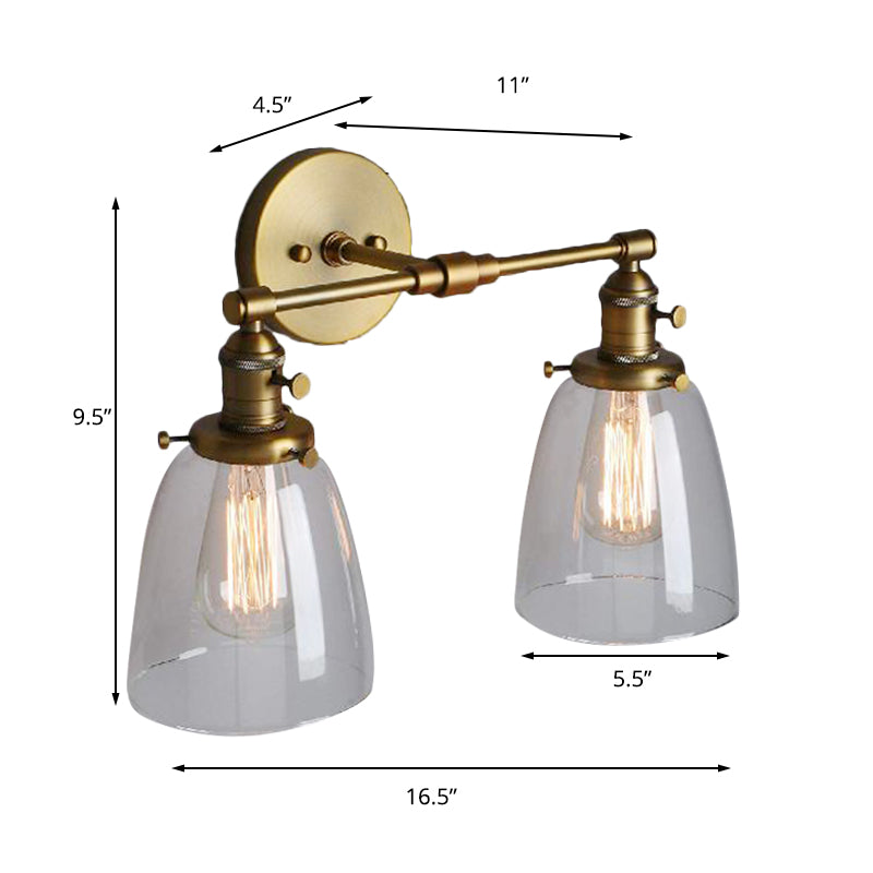 Avtoit | Clear Glass Brass Wall Light Conical 2-Light Industrial Wall Lamp Light for Foyer