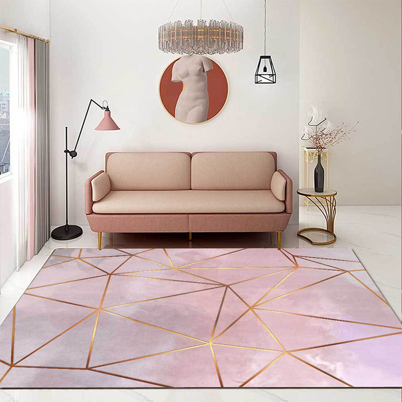 Avtoit | Modern Geometric Pattern Rug Pink Polyester Washable Non-Slip Back Rug for Living Room