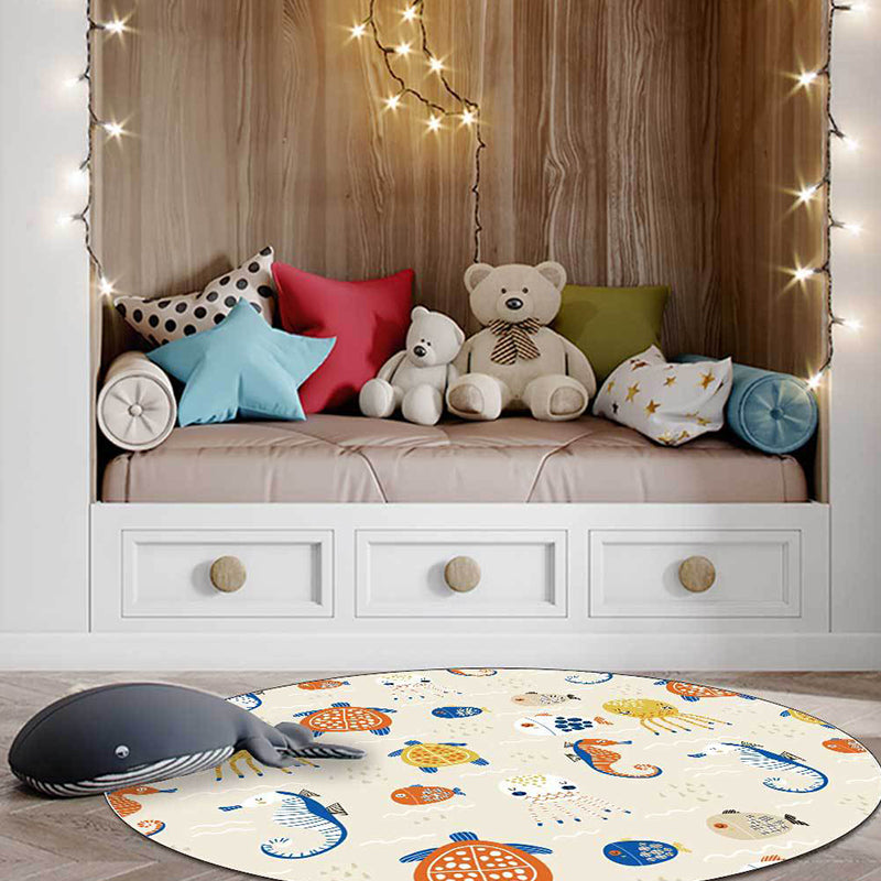 Avtoit | Casual Kids Rug in Ivory Animal Turtle Jellyfish Hippocampus Pattern Rug Polyester Washable Rug for the Children's Room