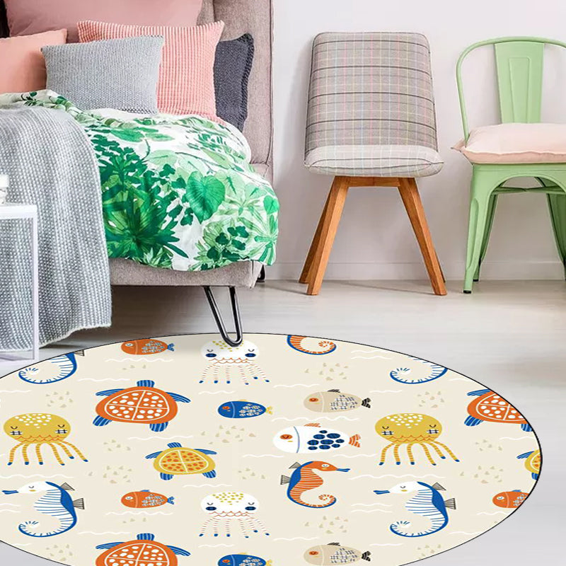 Avtoit | Casual Kids Rug in Ivory Animal Turtle Jellyfish Hippocampus Pattern Rug Polyester Washable Rug for the Children's Room