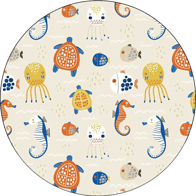 Avtoit | Casual Kids Rug in Ivory Animal Turtle Jellyfish Hippocampus Pattern Rug Polyester Washable Rug for the Children's Room