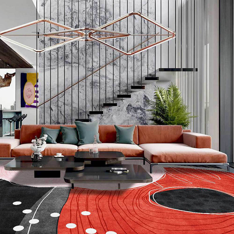 Avtoit | Novelty Living Room Carpet in Red and Black Color Block Dots Line Print Carpet Polyester Washable Stain Resistant Area Rug
