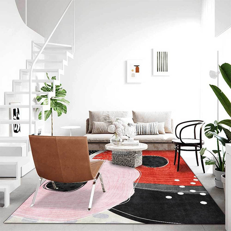 Avtoit | Novelty Living Room Carpet in Red and Black Color Block Dots Line Print Carpet Polyester Washable Stain Resistant Area Rug