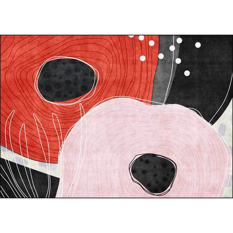 Avtoit | Novelty Living Room Carpet in Red and Black Color Block Dots Line Print Carpet Polyester Washable Stain Resistant Area Rug