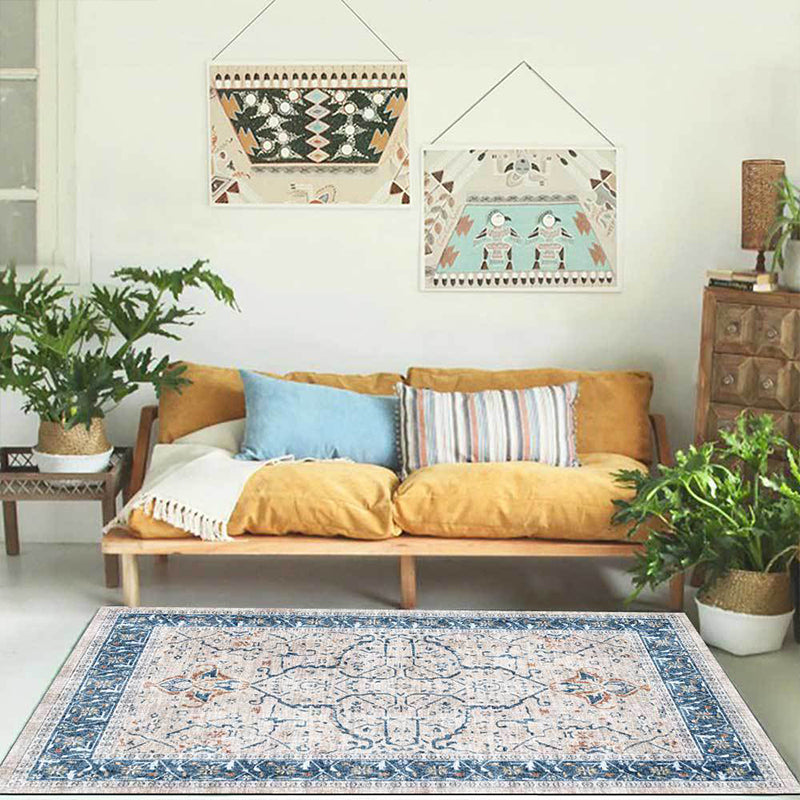 Avtoit | Traditional medallion pattern rug blue and gray tribal rug polyester washable non-slip bottom area rug for bedroom