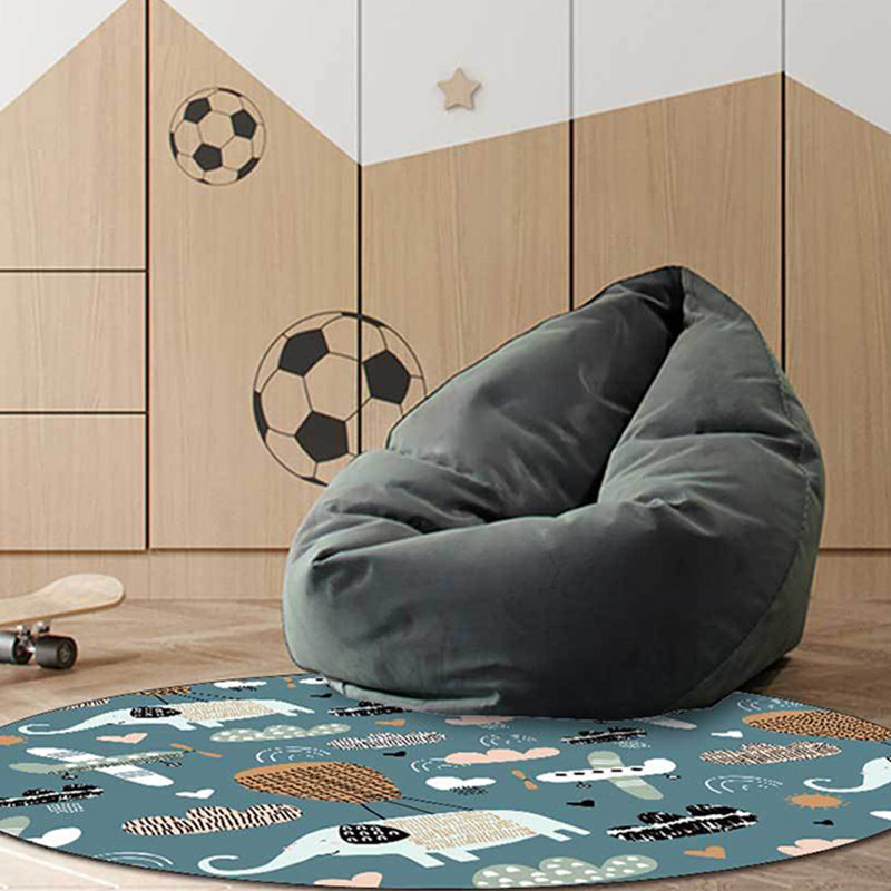 Avtoit | Kids Room Rug in Teal Animal Elephant Airplane Heart Print Rug Polyester Stain Resistant Rug