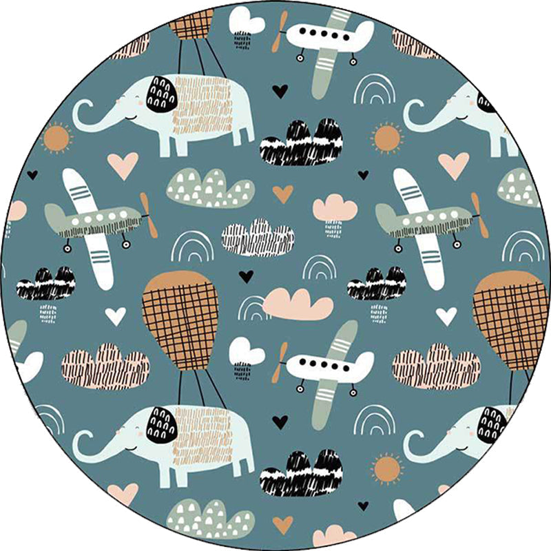 Avtoit | Kids Room Rug in Teal Animal Elephant Airplane Heart Print Rug Polyester Stain Resistant Rug