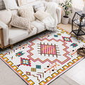 Avtoit | Southwest Living Room Rug in Ivory Tribal Diamond Check Print Rug Polyester Non-Slip Back Rug