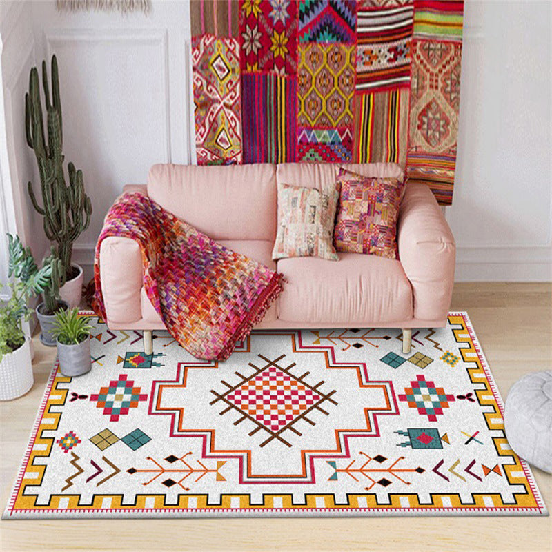 Avtoit | Southwest Living Room Rug in Ivory Tribal Diamond Check Print Rug Polyester Non-Slip Back Rug