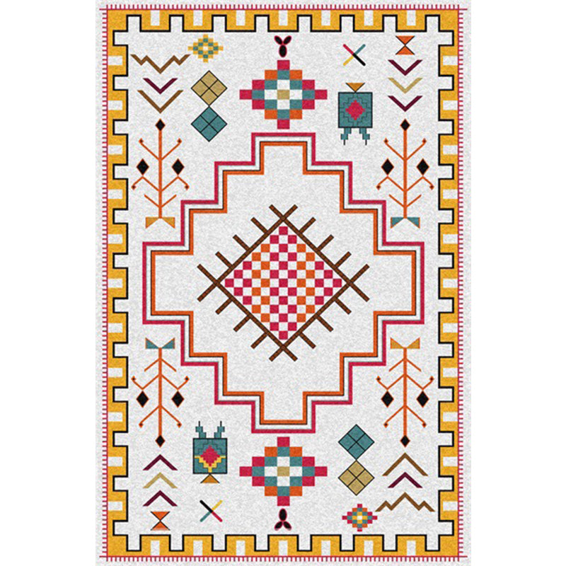 Avtoit | Southwest Living Room Rug in Ivory Tribal Diamond Check Print Rug Polyester Non-Slip Back Rug
