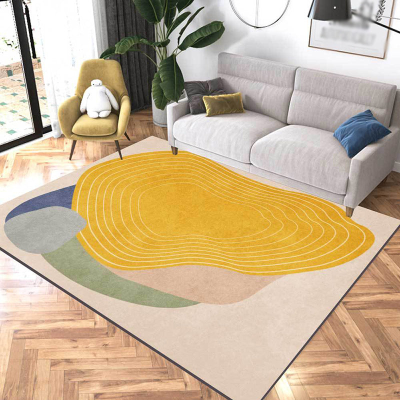 Avtoit | Novelty Living Room Rug Ivory and Yellow Color Block Stripe Print Rug Polyester Anti-Slip Area Rug
