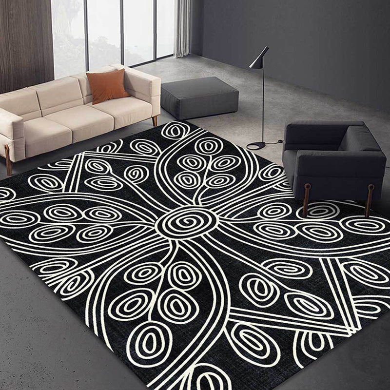 Avtoit | Novelty Living Room Rug in Black Geometric Line Pattern Rug Polyester Washable Non-Slip Back Rug