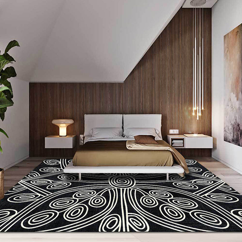 Avtoit | Novelty Living Room Rug in Black Geometric Line Pattern Rug Polyester Washable Non-Slip Back Rug