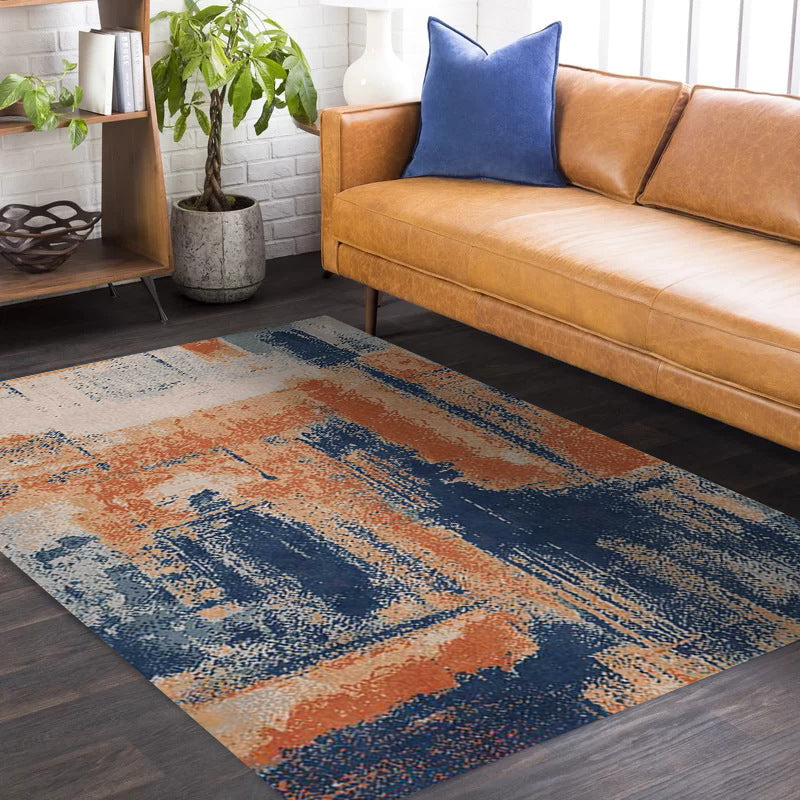 Avtoit | Industry Abstract Carpet Orange and Blue Polyester Rug Machine Washable Non-Slip Area Rug for Bedroom