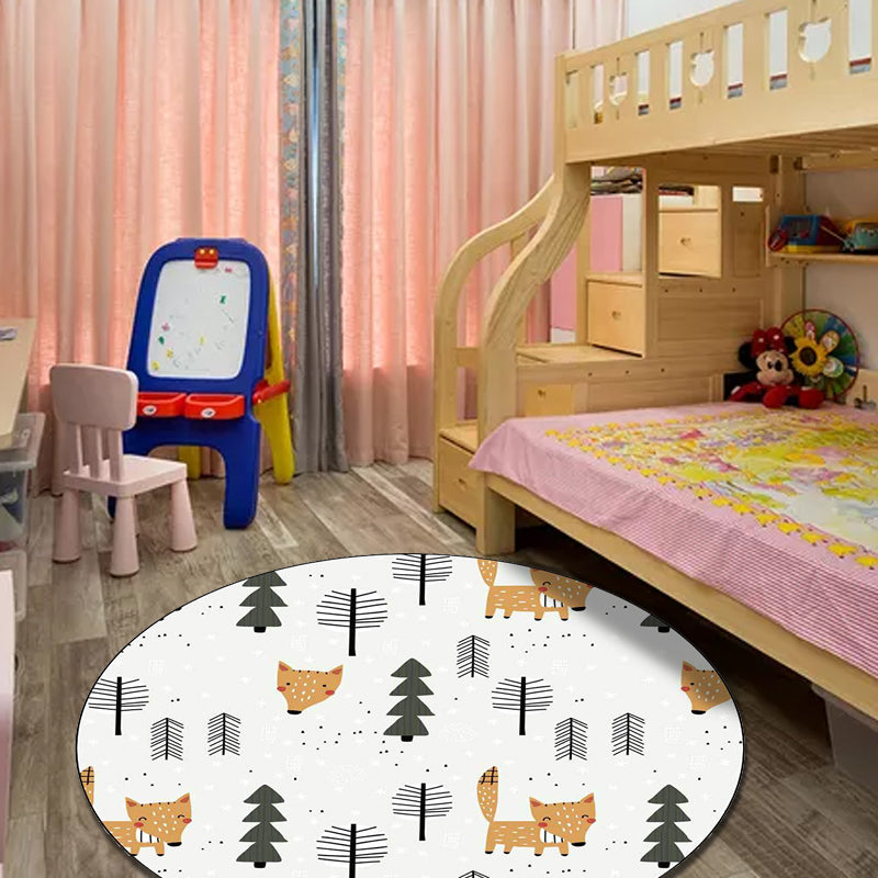 Avtoit | White Children's Room Carpet Kids Animal Fox Tree Pattern Area Rug Polyester Stain Resistant Rug