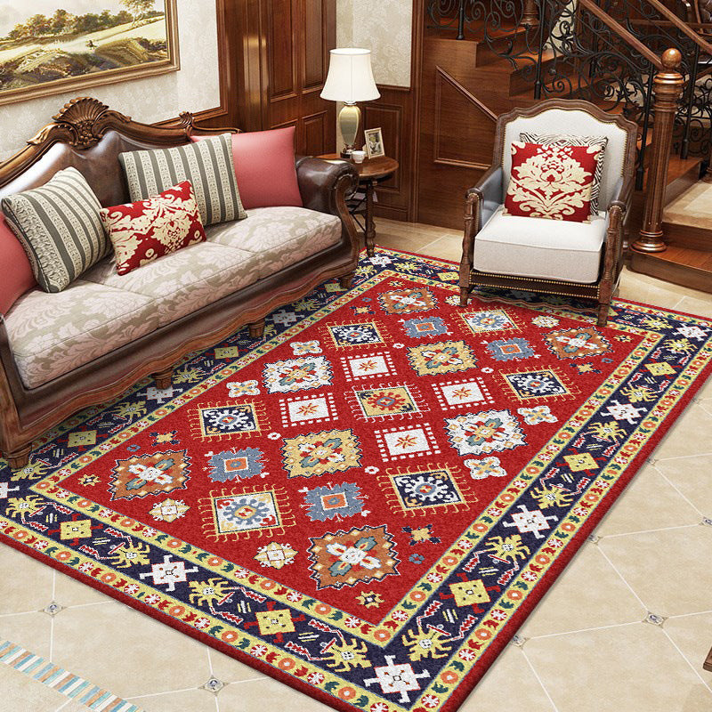 Avtoit | Southwest Living Room Rug in Red Diamond Print Rug Polyester Non-Slip Pet-Friendly Room Rug