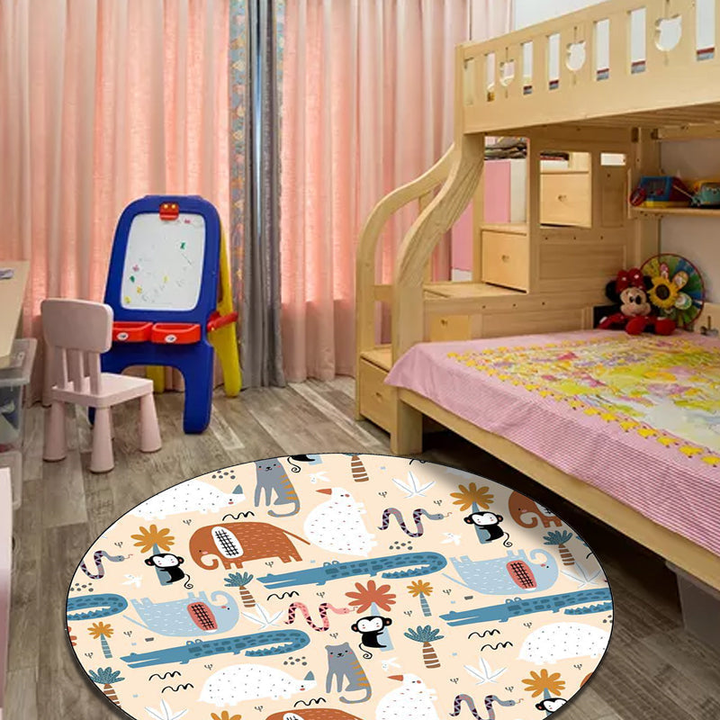 Avtoit | Ivory Kids Room Rug Kids Animal Elephant Monkey Crocodile Pattern Rug Polyester Pet-Friendly Rug