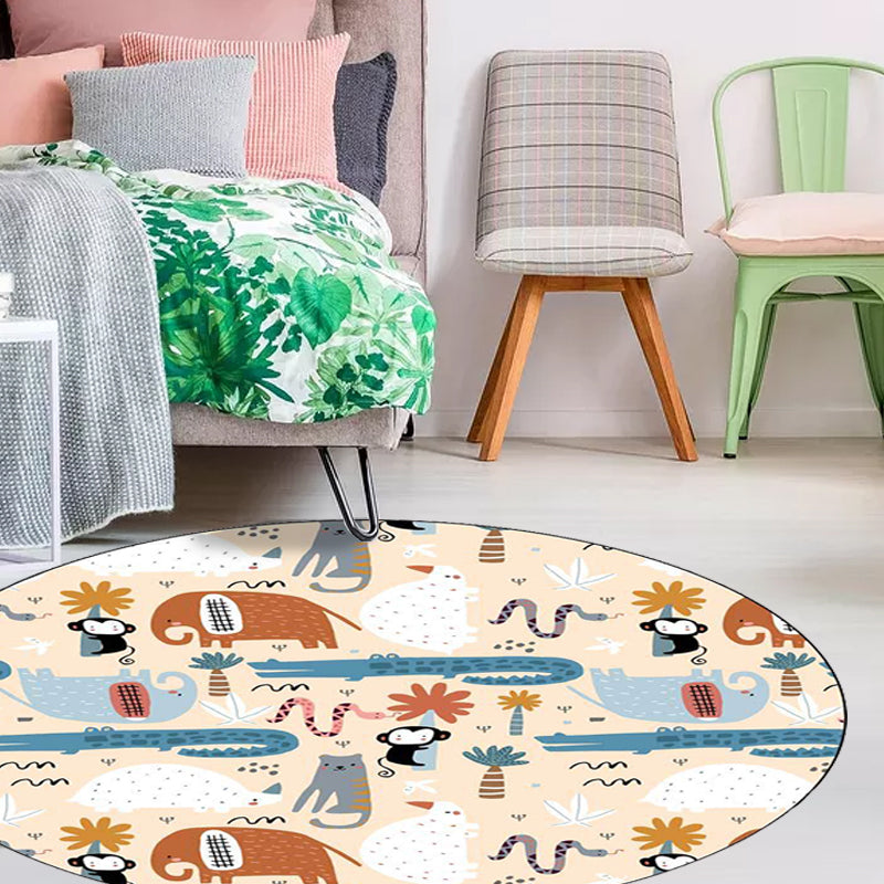 Avtoit | Ivory Kids Room Rug Kids Animal Elephant Monkey Crocodile Pattern Rug Polyester Pet-Friendly Rug