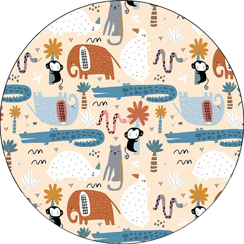 Avtoit | Ivory Kids Room Rug Kids Animal Elephant Monkey Crocodile Pattern Rug Polyester Pet-Friendly Rug