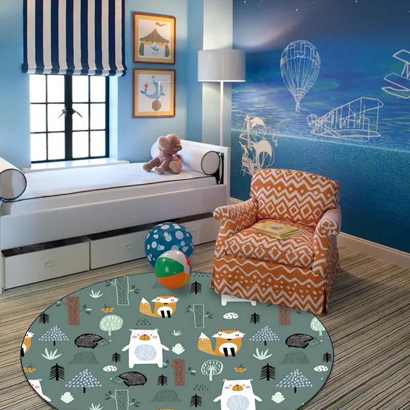 Avtoit | Kids Bedroom Rug in green animal fox bear tree print rug polyester pet-friendly area rug