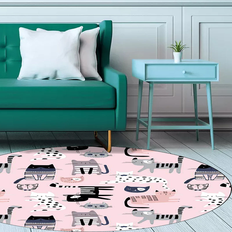Avtoit | Pink Children's Room Carpet Children Animal Cat Pattern Rug Polyester Non-Slip Washable Carpet