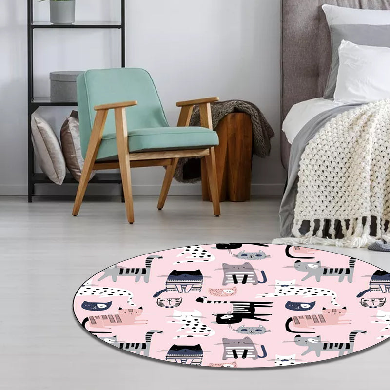 Avtoit | Pink Children's Room Carpet Children Animal Cat Pattern Rug Polyester Non-Slip Washable Carpet