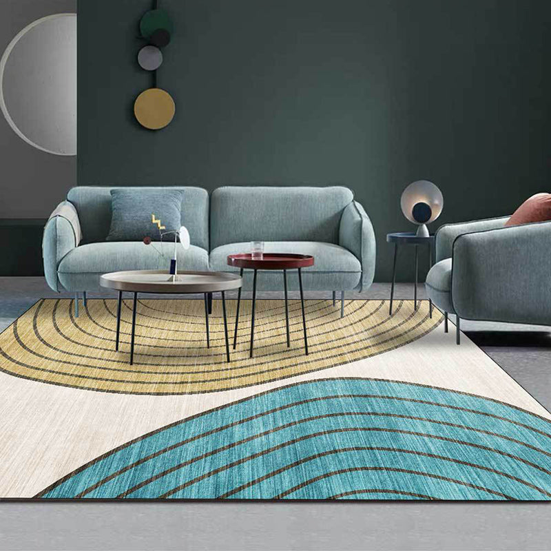 Avtoit | Novelty Living Room Carpet in Ivory and Yellow Color Block Stripe Print Carpet Polyester Non-Slip Bedroom Rug