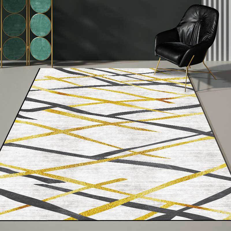 Avtoit | Novelty Living Room Carpet in White Geometric Lines Pattern Carpet Polyester Pet-Friendly Stain Resistant Washable Carpet