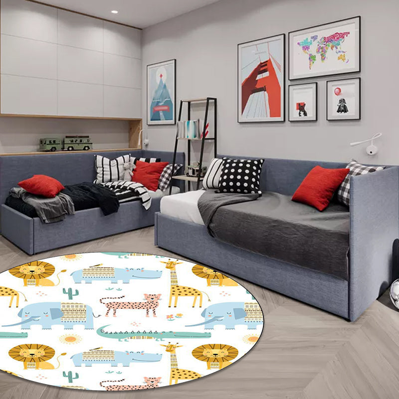 Avtoit | Kids Bedroom Rug in White Animal Lion Elephant Crocodile Print Rug Polyester Machine Washable Area Rug