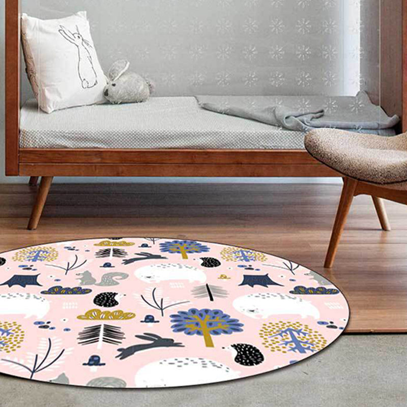 Avtoit | Children's room rug in Pink Animal Rabbit Hedgehog Bear Print Rug Polyester Non-slip Washable Rug Area