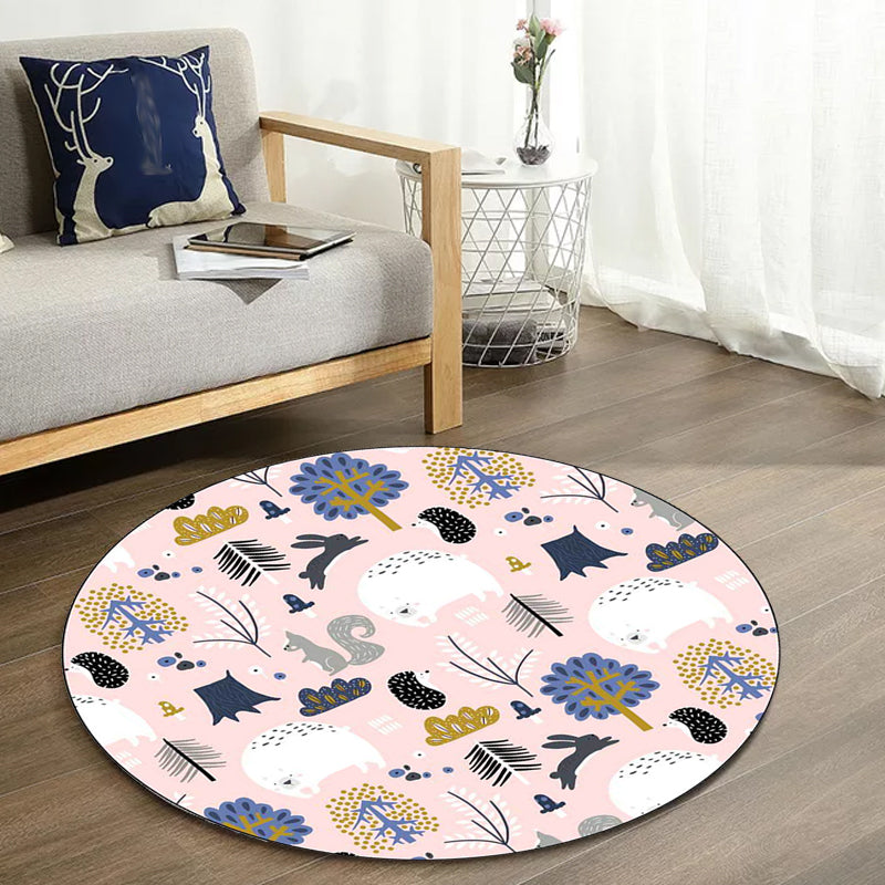 Avtoit | Children's room rug in Pink Animal Rabbit Hedgehog Bear Print Rug Polyester Non-slip Washable Rug Area