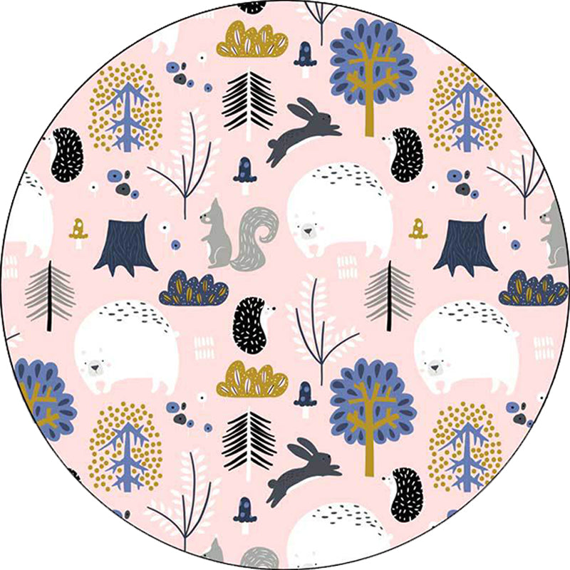 Avtoit | Children's room rug in Pink Animal Rabbit Hedgehog Bear Print Rug Polyester Non-slip Washable Rug Area