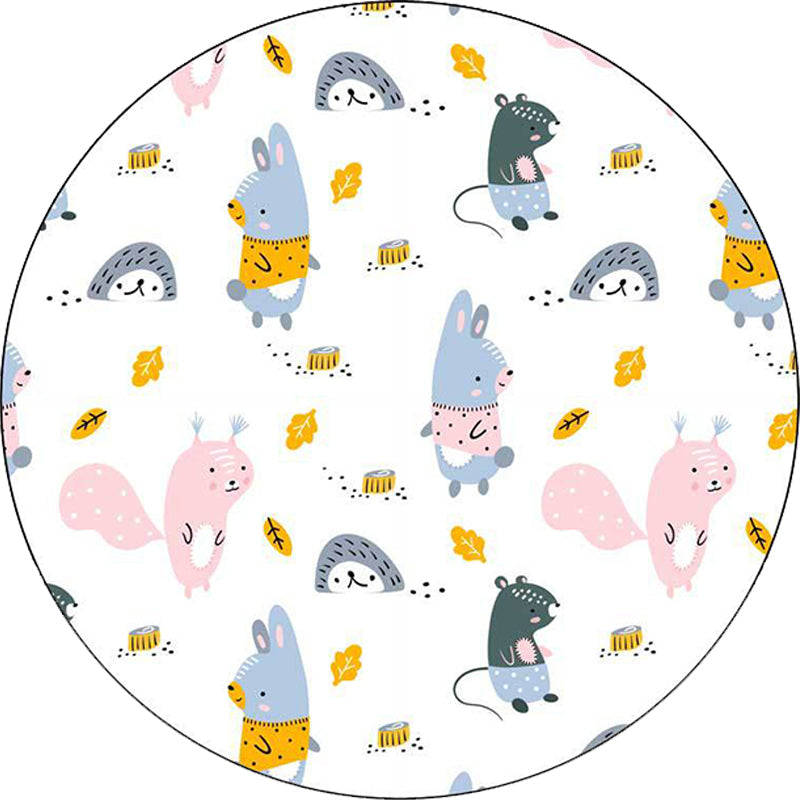 Avtoit | Children's bedroom rug in white animal rabbit hedgehog leaf print rug polyester machine washable pet-friendly area rug