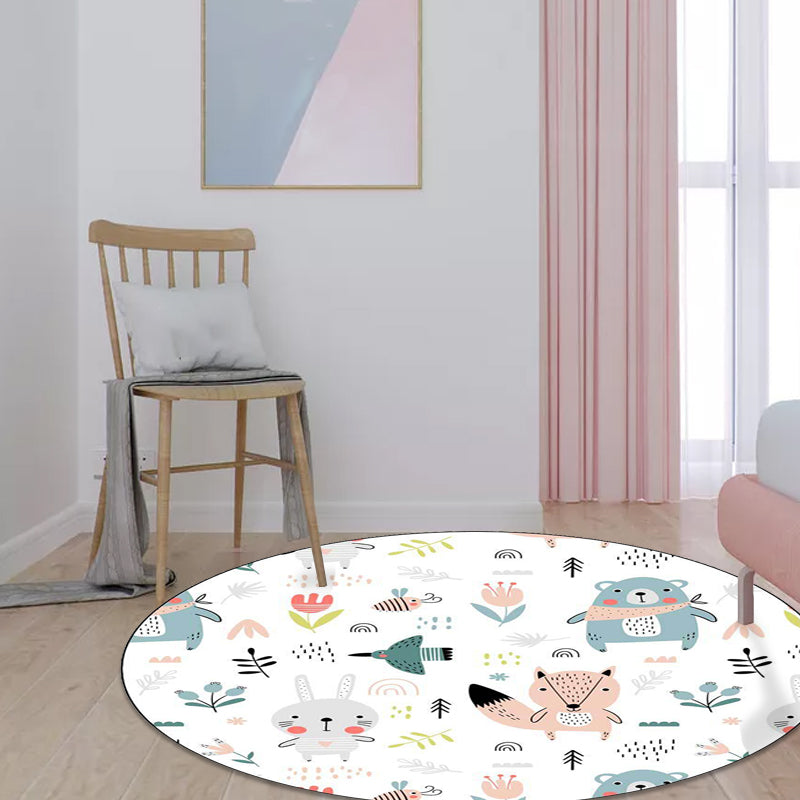 Avtoit | White Children's Bedroom Carpet Children Animal Rabbit Fox Bear Flower Pattern Area Rug Polyester Non-Slip Mat