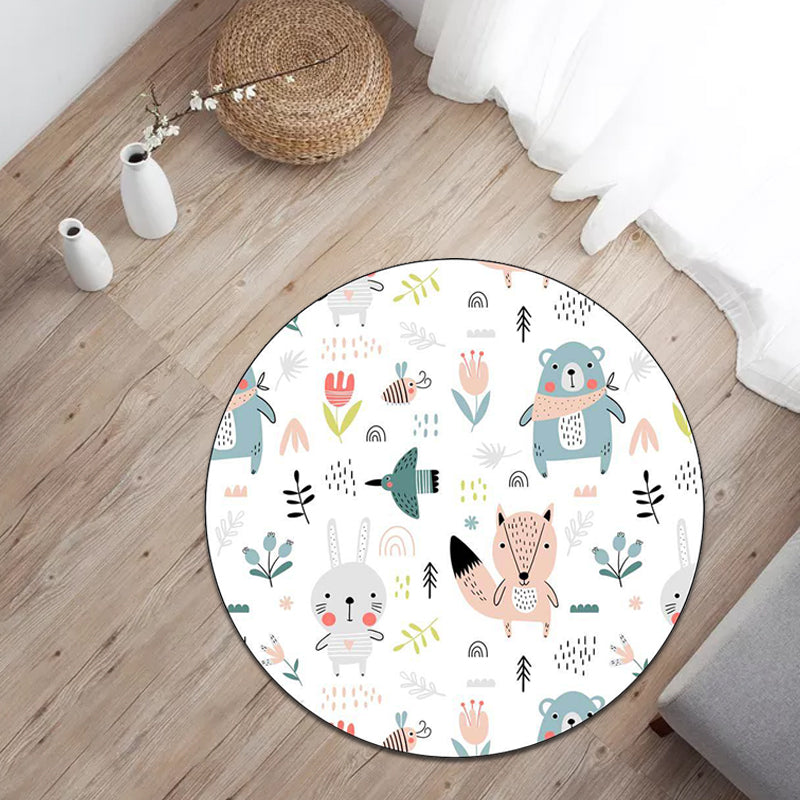 Avtoit | White Children's Bedroom Carpet Children Animal Rabbit Fox Bear Flower Pattern Area Rug Polyester Non-Slip Mat