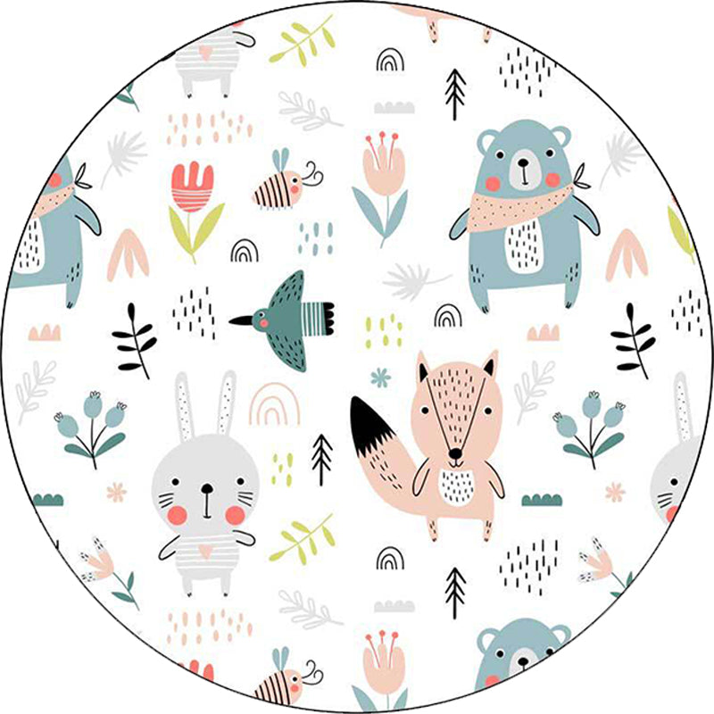 Avtoit | White Children's Bedroom Carpet Children Animal Rabbit Fox Bear Flower Pattern Area Rug Polyester Non-Slip Mat