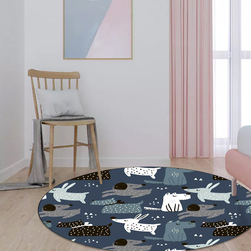Avtoit | Casual Kids Carpet in Blue Animal Rabbit Dog Pattern Carpet Polyester Stain Resistant Washable Carpet for the Children's Room