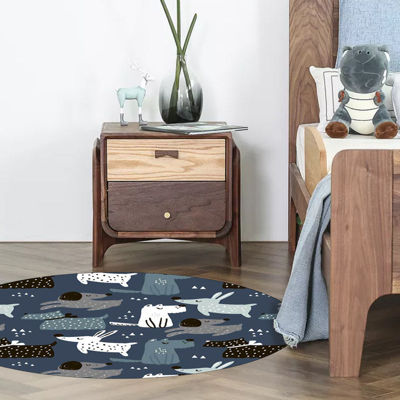 Avtoit | Casual Kids Carpet in Blue Animal Rabbit Dog Pattern Carpet Polyester Stain Resistant Washable Carpet for the Children's Room