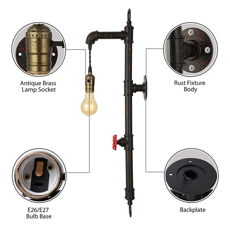 Avtoit | Dark Rust Pipe Wall Light with Valve Vintage Stylish Metal 1 Light Living Room Wall Lamp