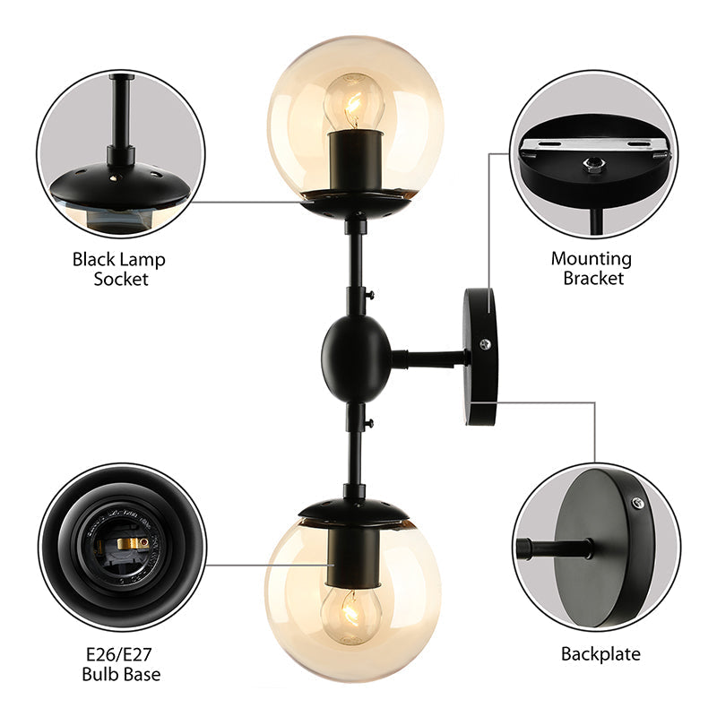 Avtoit | Black 2-Light Wall Light Industrial Amber Glass Globe Shade Lighting Fixture for Living Room