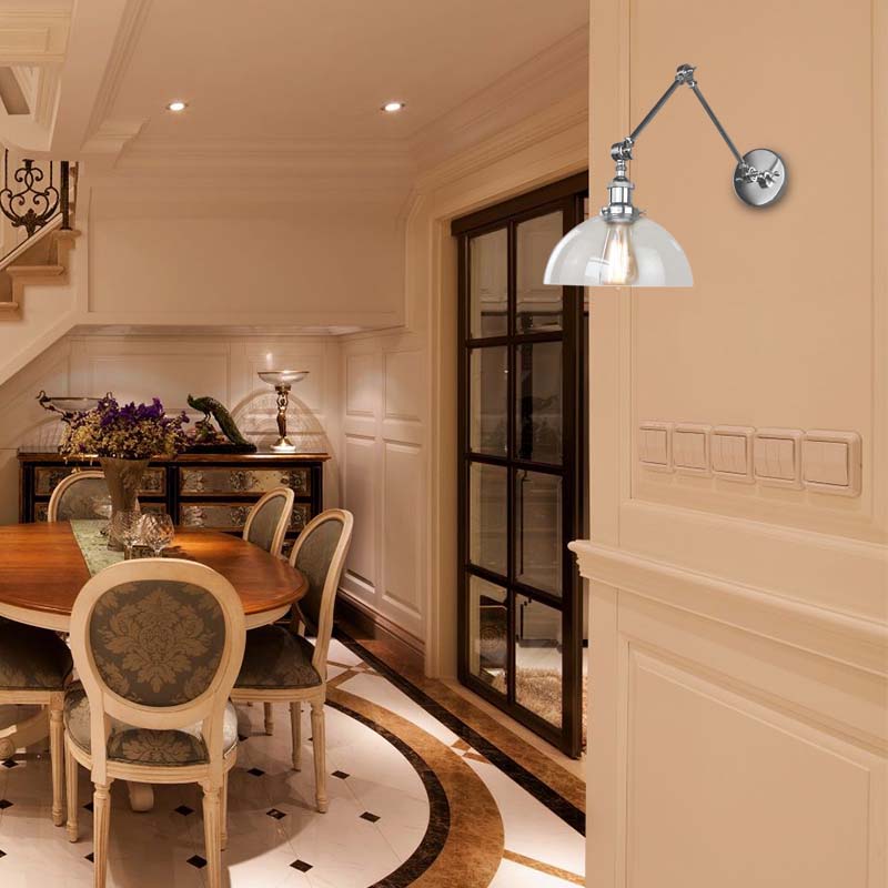 Avtoit | Dome Clear Glass Wall Lamp Industrial Simple Bulb Dining Room Sconces Light in Chrome