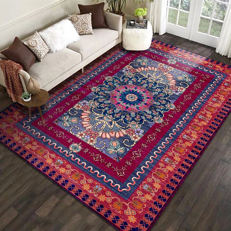Avtoit | Retro Medallion Pattern Rug with floral and leaf red Persian Rug Polyester machine washable non-slip rug for bedroom